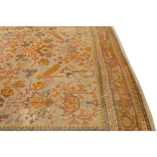 Antique Turkish Oushak Handmade Orange Floral Motif Wool Rug For Sale - Image 9 of 10