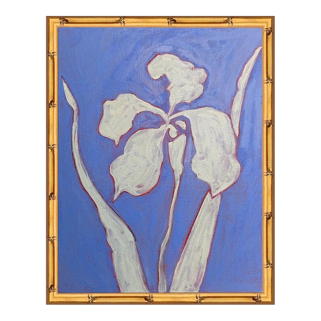 Original Framed Botanical Iris Painting White Flower Wall Art by Tatiana Dupeault For Sale