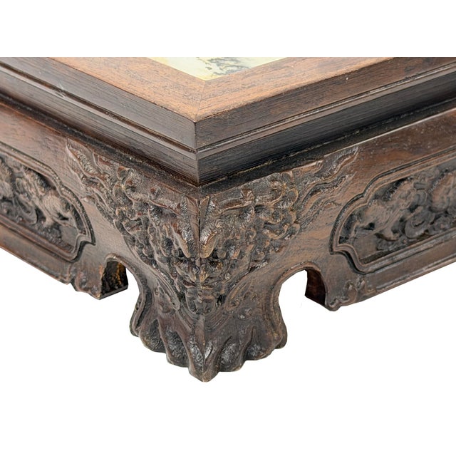 1980s Square Dream Stone Inlaid Rosewood Foo Dog Lions Motif Display Stand For Sale - Image 5 of 7