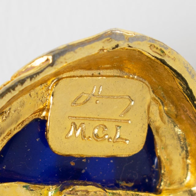 French Designer MCL Gilt Metal Clip Earrings With Blue Cabochons - 2 Pieces For Sale In Atlanta - Image 6 of 6