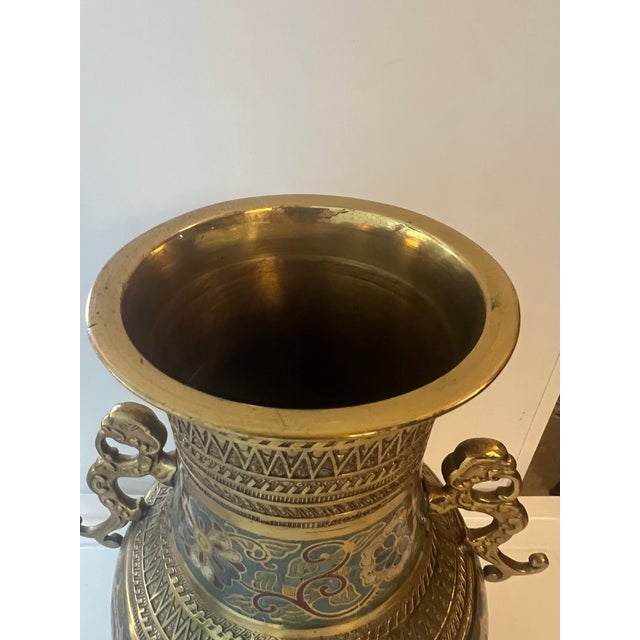 Late 19th Century Antique Japanese Brass Champlevé Cloisonné Enamel Vase With Dragon Handles For Sale - Image 5 of 9