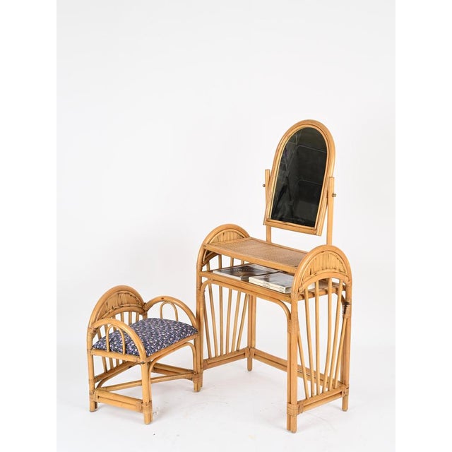 Italian Vanity Table with Chair in Bamboo and Rattan attributed to Vivai del Sud, 1970s, Set of 2 For Sale - Image 4 of 18