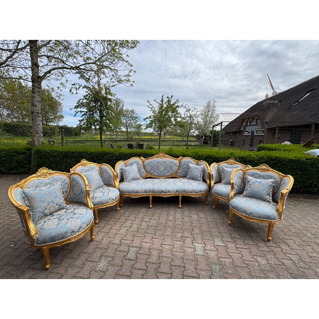 1940 French Louis XVI Gold Beech Damask Sofa Set - 5 PCS For Sale - Image 13 of 18