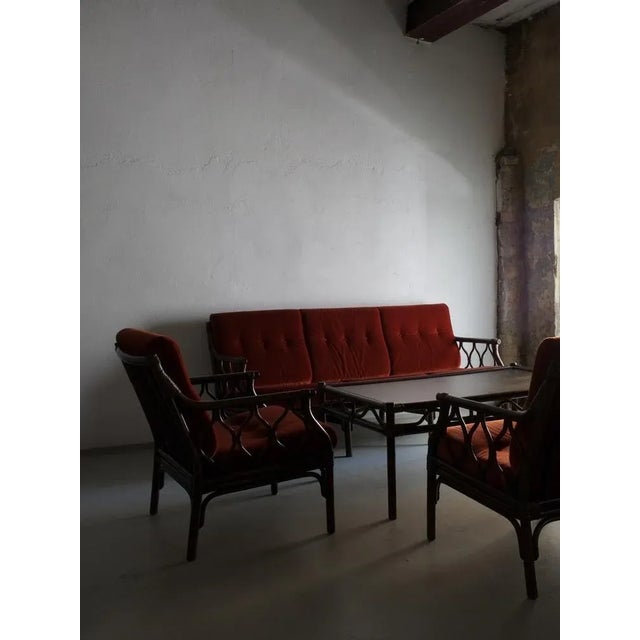 Dark Rattan 3-Seater Sofa with Velour Cushions, 1980s For Sale - Image 6 of 7