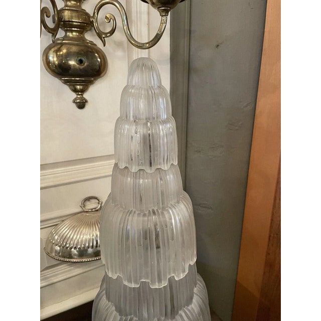 Antique Art Deco Sabino Paris Bronze and Frosted Crystal 3 Light Waterfall Lamp For Sale - Image 12 of 13