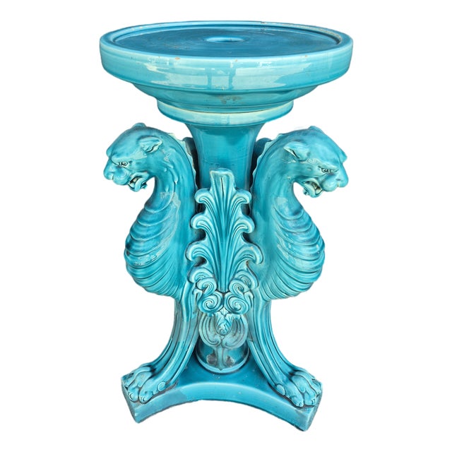 Antique French Glazed Terra Cotta Pedestal With Gargoyles For Sale