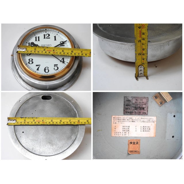1980s Vintage Maritime Seiko Nautical Industrial Wall Clock Silent/Sweep Navigation Aluminum Brass For Sale - Image 5 of 6
