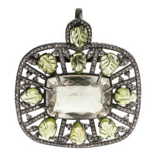 Art Deco Green Amethyst & Diamond Large Pendant With Carved Leaf Peridot For Sale