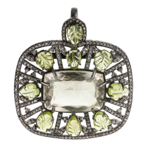 Art Deco Green Amethyst & Diamond Large Pendant With Carved Leaf Peridot