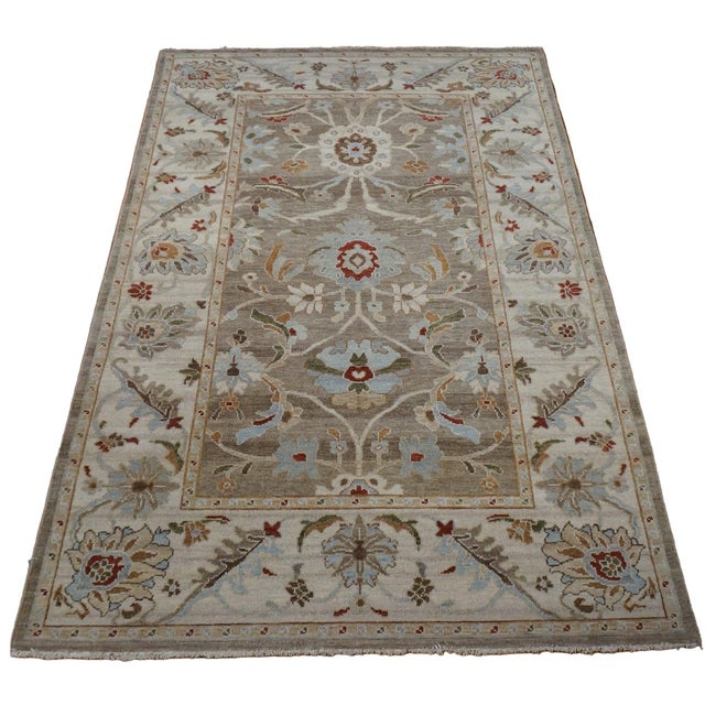 Islamic Afghan Sultanabad Masters Wool 5 X 8 Grey, Green & Light Blue Handmade Area Rug #1143143 For Sale - Image 3 of 3