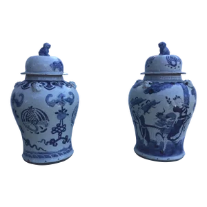Pair of Chinese Blue and White Jars With Lids