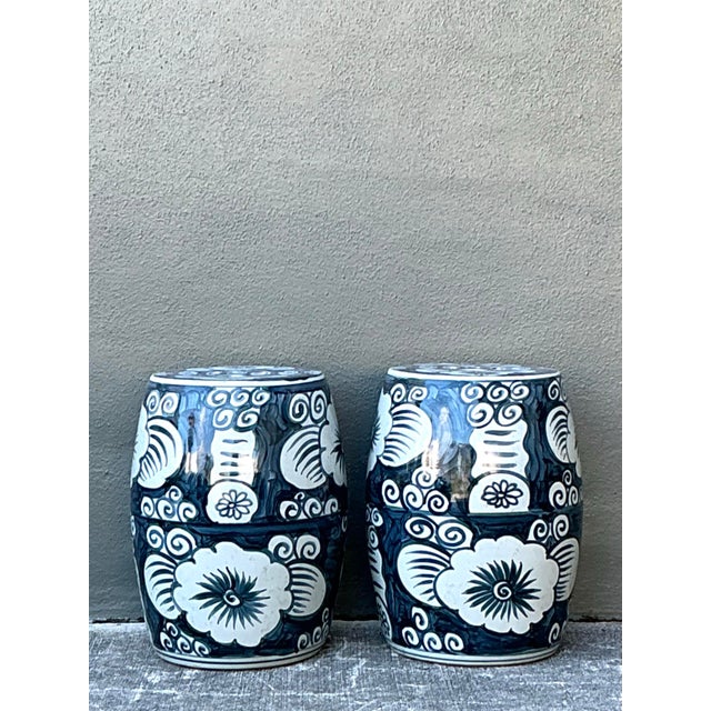 Ceramic Vintage Glazed Ceramic Floral Garden Stools - A Pair For Sale - Image 7 of 12