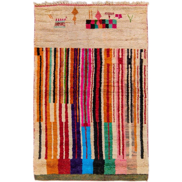 Vintage Beni Ourain Moroccan Handmade Multicolor Designed Beige Wool Rug For Sale - Image 12 of 12