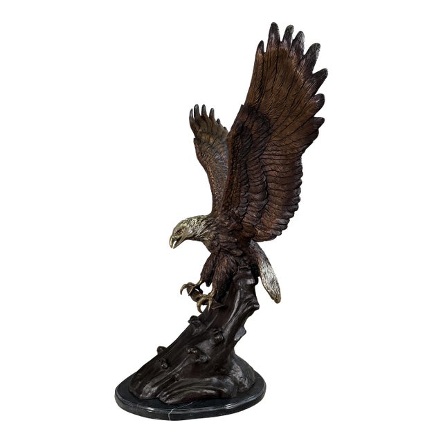 Large Bronze Bald Eagle Hunting Fish Sculpture on Ocean Wave Marble Base - 41"h For Sale
