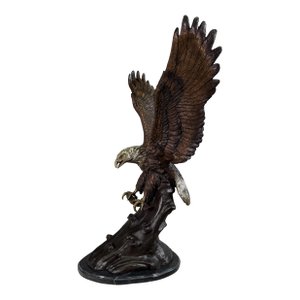 Large Bronze Bald Eagle Hunting Fish Sculpture on Ocean Wave Marble Base - 41"h