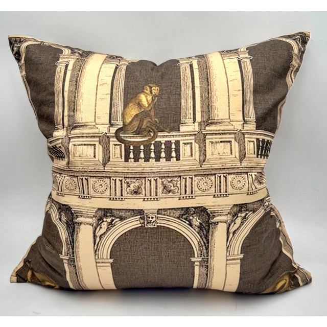 Cole & Son Fornasetti "Procuratie e Scimmie" Architectural Monkey Silk Down Throw Pillow Cole & Son Fornasetti "Procuratie...