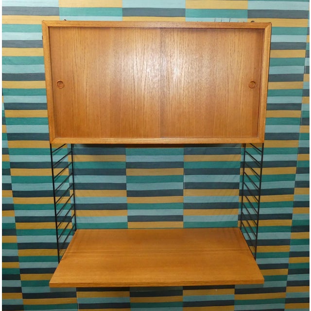 Wood Mid-Century Modern Teak String Shelving Unit with Wall Cabinet, Desk Shelf and Black Ladders by Kajsa & Nils Nisse Strinning for String, Sweden, 1960s For Sale - Image 7 of 12