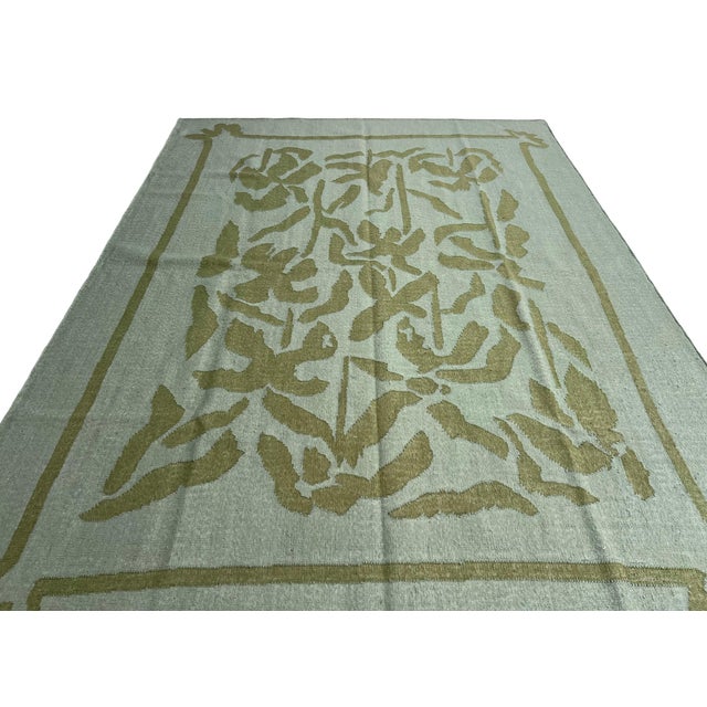 Handmade Woolen Flat Weave Geometric Floral Patterned Mint Green Area Rug - 6.5'x9' For Sale - Image 6 of 13