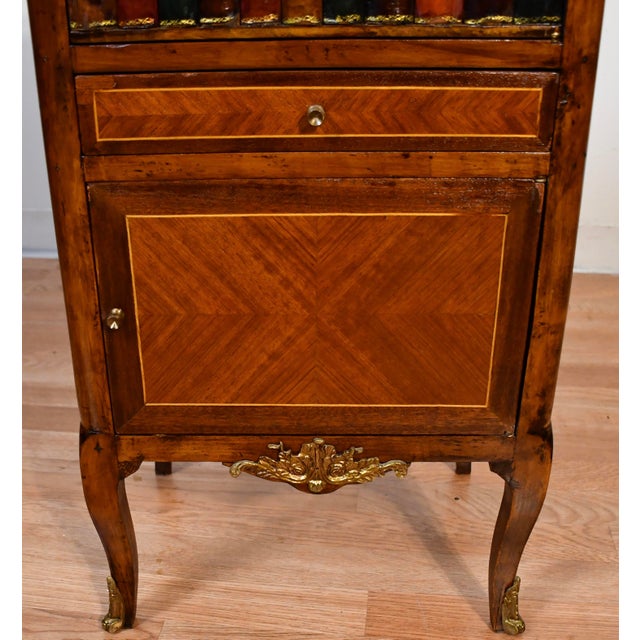 French Antique French Louis XV Style Mahogany Inlay Nightstand With Faux Book Front Gallery Top Bronze Mounts For Sale - Image 3 of 15