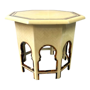 1990s Moroccan Style Off -White Bone Inlay Octagonal Side Table With Moorish Arches