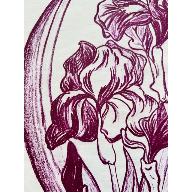 1980s “Burgundy Iris” Original Hand Printed Lithograph. For Sale - Image 6 of 10