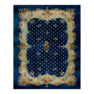 1930s Blue Navy Roses 4 Star Antique Chinese Art Deco Carpet 9' X 11'4" Knotted Wool Rug For Sale