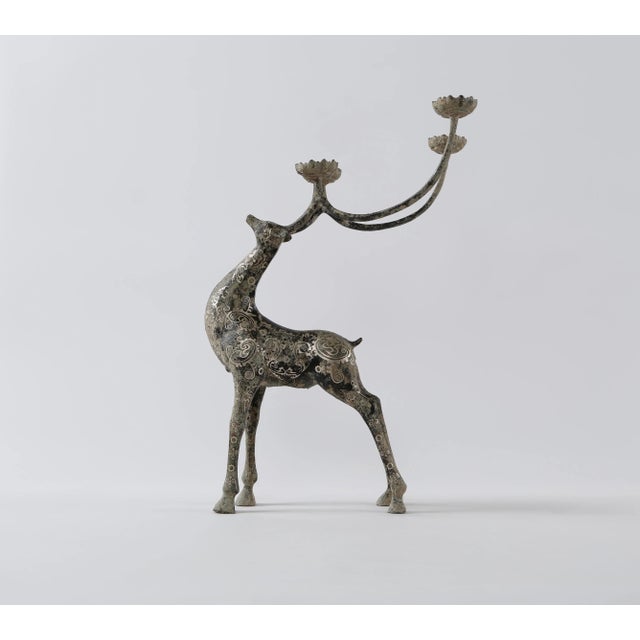 Metal Contemporary Bronze & Silver-Tone Inlay Holiday Reindeer Candle Holder For Sale - Image 7 of 7