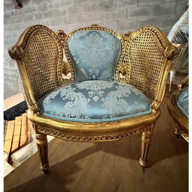Louis XV Style Bergere Wing Chair Set With Gold Leaf Details For Sale - Image 9 of 9