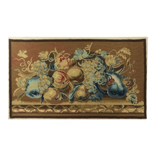 Vintage Needlepoint Tapestry Still Life of Fruit – Rustic Wall Art in Earth Tones For Sale