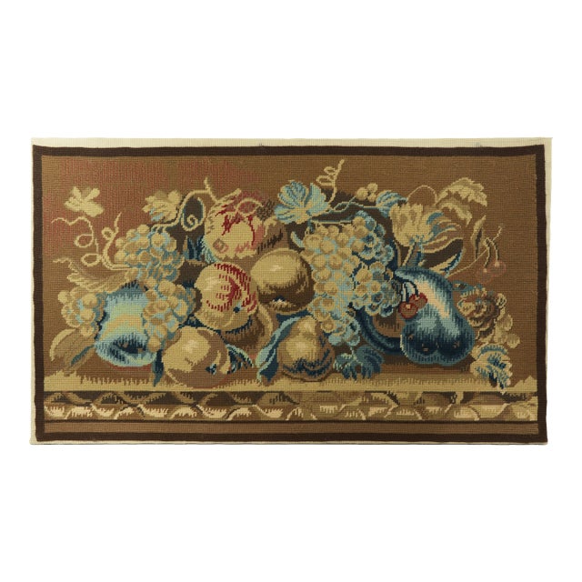 Vintage Needlepoint Tapestry Still Life of Fruit – Rustic Wall Art in Earth Tones For Sale