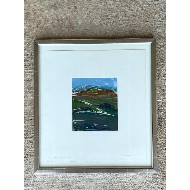 This framed abstract landscape monotype print is a captivating example of mid-century artistic expression, blending bold...