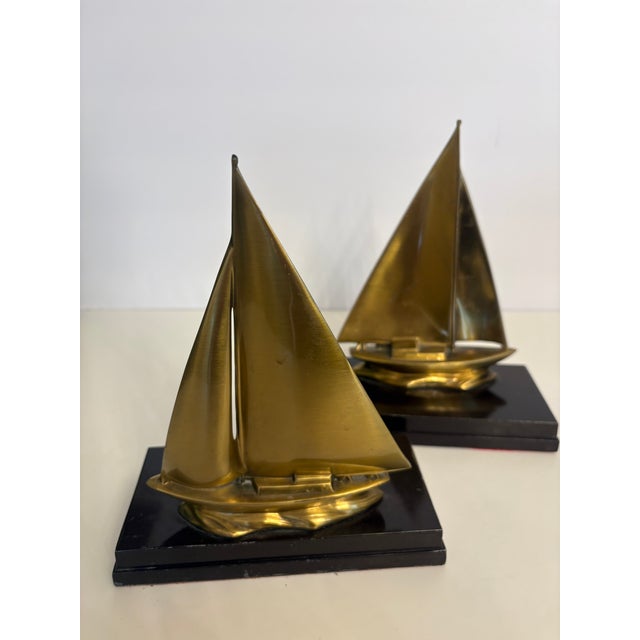 1990s Vintage Brass and Wood Sailboat Bookends For Sale - Image 5 of 5