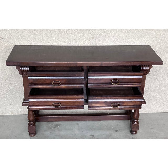 1930s Spanish Console Chest Table With Four Carved Drawers and Original Hardware For Sale - Image 5 of 10