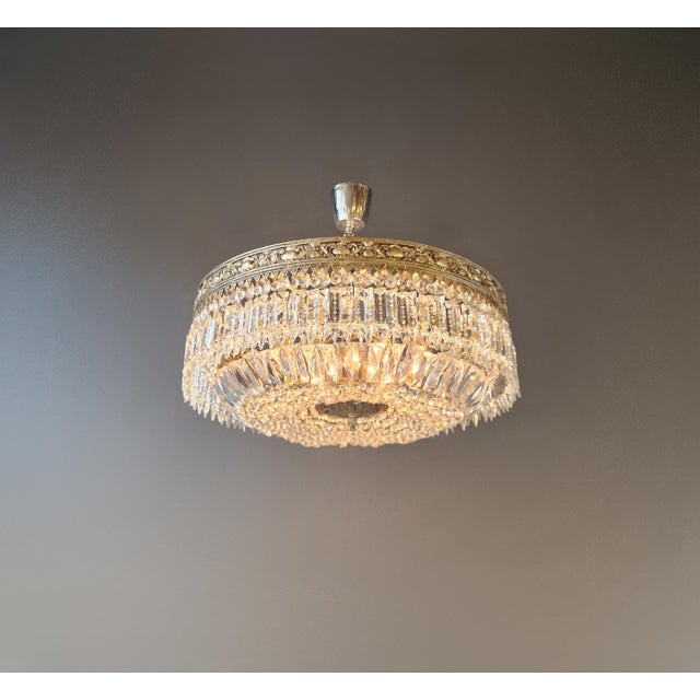 Antique Restored Baroque Crystal Plafonnier Brass Ceiling Chandelier For Sale - Image 4 of 13