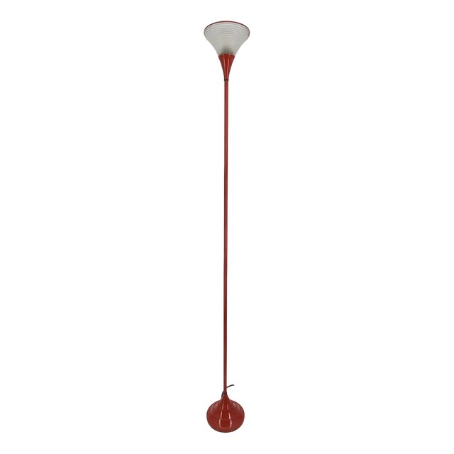 Vintage Italian Red Floor Lamp with Funnel-Shaped Glass Shade, 1980 For Sale