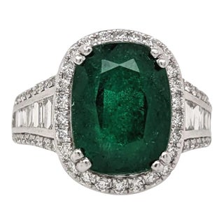 5.6ct Emerald W Earth Mined Diamonds in Solid 14k White Gold Cushion Cut Ring Size 7 For Sale