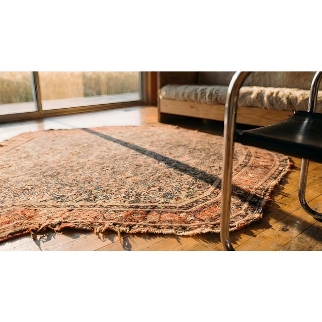Camel 1880s Ivory Medallion Antique W. Persian Senneh Saddle Rug 3'8" X 4' Handknotted Carpet For Sale - Image 8 of 9