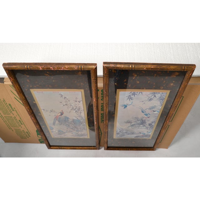 Mid 20th Century Marked Asian Paintings Chinoiserie Prints Pheasant Scene Gilt Faux Bamboo Custom Framed - Set of 2 For Sale - Image 9 of 12