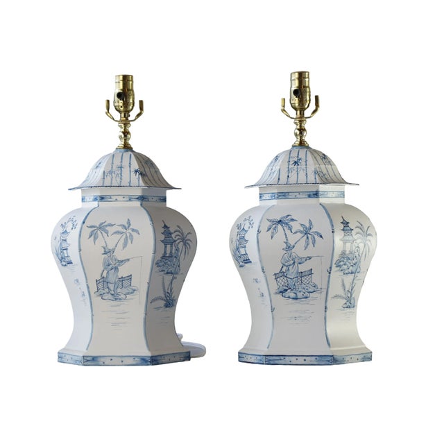 White Pair Vintage Chinoiserie 6 Sided Blue and White Painted Tole Temple Jar Lamp For Sale - Image 8 of 8