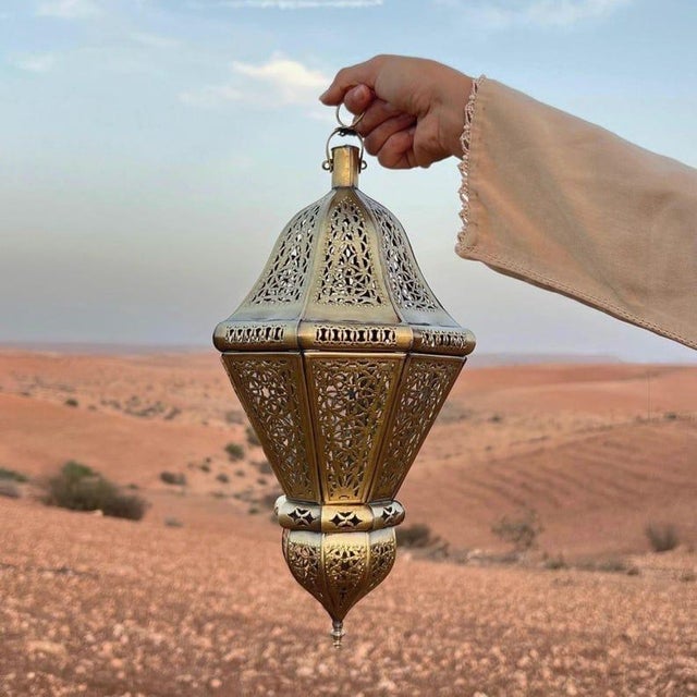 2020s Handcrafted Moroccan Brass Lantern – Pierced Candle Light, Marrakech Artisan Decor, Boho Exotic Lighting For Sale - Image 5 of 10