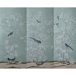 Hand Painted Chinoiserie Tea Paper Wallcovering Panels With Birds and Blossoms, Set of 3 For Sale