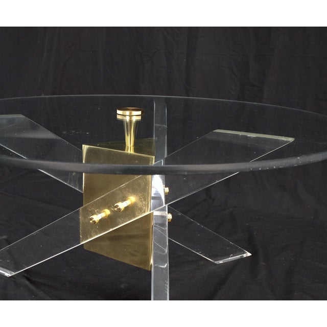 Brass & Lucite Round Glass Top Coffee Occasional Table Clean! For Sale - Image 14 of 16