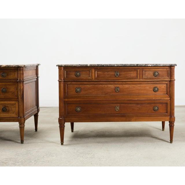 Wood Pair of Louis XVI Style Marble Top Commodes Chest of Drawers For Sale - Image 7 of 18