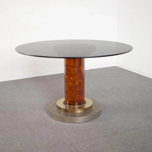 Honey Color Chromed Steel and Acrylic Glass Dining Table, 1970s, in Good conditions. Designed 1970 to 1979 I have official...