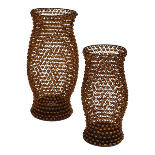 Set 2 Vintage Decorative Amber Gemstone Beaded Lattice Hourglass Shaped Candle Holders For Sale