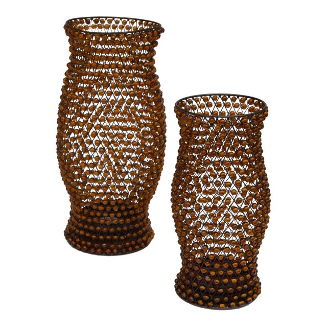 Set 2 Vintage Decorative Amber Gemstone Beaded Lattice Hourglass Shaped Candle Holders For Sale