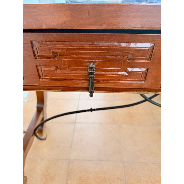 1930s Spanish Baroque Style Carved Wooden Console Table with Wrought Iron Stretcher, 1930 For Sale - Image 5 of 10