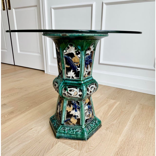 Green 1950s Chinese Export Pierced Ceramic Pedestal Table With Custom Glass Top For Sale - Image 8 of 8