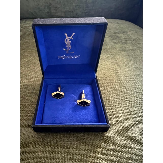 Art Deco Rare YVES SAINT LAURENT "YSL" Gold Plate Cufflinks In Original Blue Velvet Case For Sale - Image 3 of 18