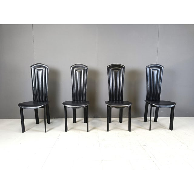 Vintage Black Leather Dining Chairs, 1980s, Set of 4, in Good conditions. Designed 1980 to 1989